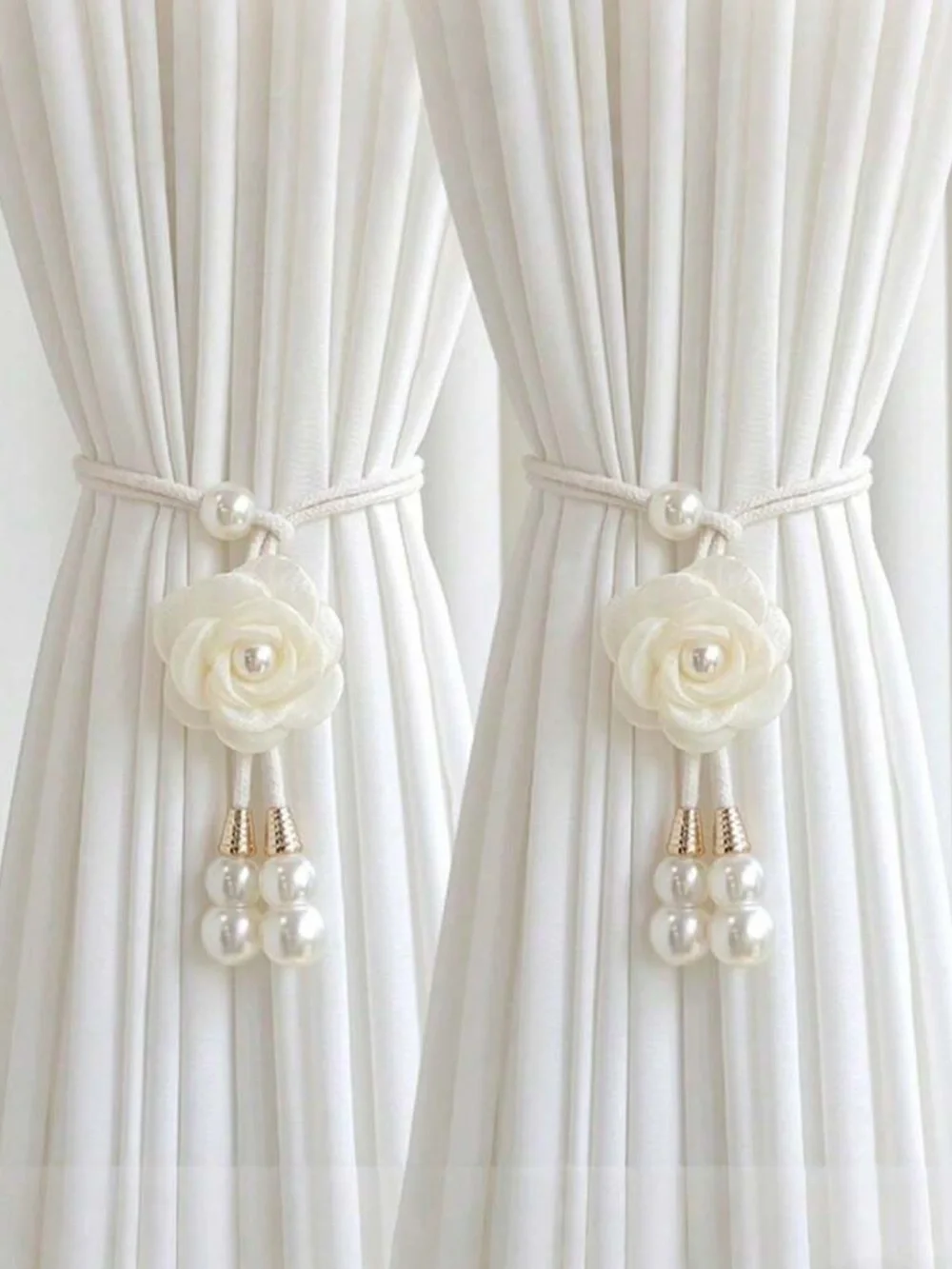 Set of 2 Rose Curtain Tiebacks Pearl Floral Curtain Holdbacks